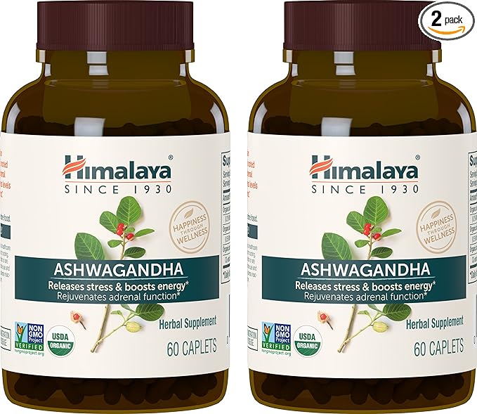 Himalaya Organic Ashwagandha, 120 Day Supply, Herbal Supplement for Stress Relief, Energy Support, Occasional Sleeplessness, USDA Organic, Non-GMO, Vegan, Gluten Free, 670 mg, 60 Caplets, 2 Pack