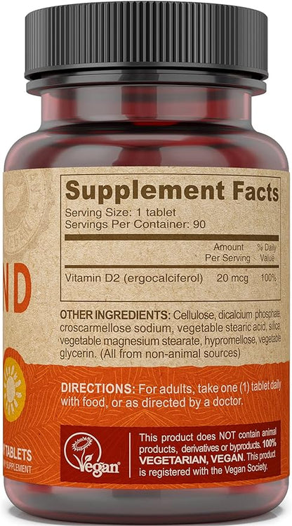 DEVA Vegan Vitamin D2 60 mcg 2400 IU, Ergocalciferol Supplement with No Animal Ingredients, 90 Tablets, 2-Pack