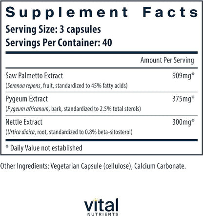 Vital Nutrients Saw Palmetto with Pygeum & Nettle Root | Vegan Saw Palmetto for Men Supports Healthy Prostate Function* | Vegan Saw Palmetto Extract Supplement | Gluten, Dairy, Soy Free | 120 Capsules