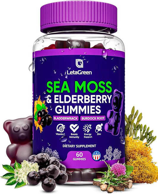 Irish Sea Moss Gummies – Sea Moss 1200mg Bladderwrack 250mg Burdock 100mg Elderberry 800mg – 60 Vegan Seamoss Gummies Bears – Elderberry Gummies for Kids & Adults with Vitamin C & Zinc