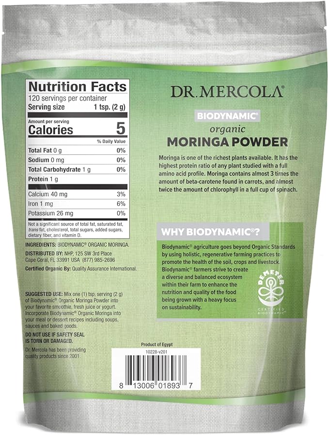 Dr. Mercola, Organic Biodynamic Moringa Powder, 8.46 oz. (240 g), 120 Servings, Non GMO, Soy Free, Gluten Free, USDA Organic