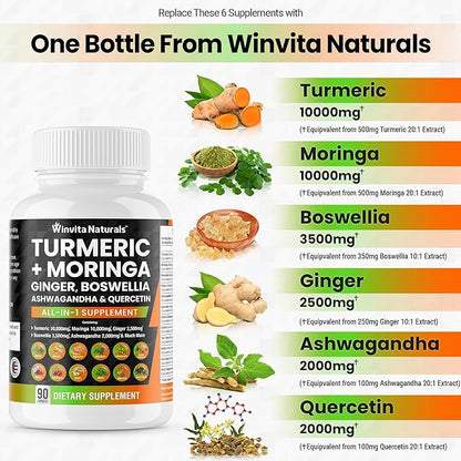 Turmeric Curcumin 10000mg Moringa 10000mg Boswellia 3500mg Ginger 2500mg Saffron 2000mg - Joint Support Supplement for Women and Men with Ceylon Cinnamon, Quercetin, Tart Cherry Vegan Capsules USA