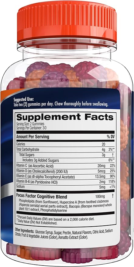 Focus Factor Nootropic Gummies - Memory Supplement for Brain, Phosphatidylserine, Bacopa, Huperzine A - 60 Count (3 Pack)