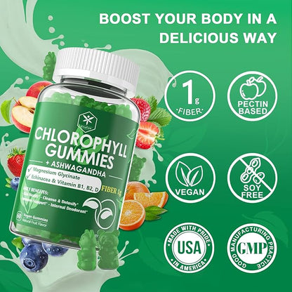 Chlorophyll Fiber Gummies 200mg +Ashwagandha, with Magnesium Glycinate, Echinacea, Vitamin D B1 B2 for Internal Deodorant, Comfort Digestion, Healthy Skin, Metabolism Support, Fresh Body Odor, 2 Packs