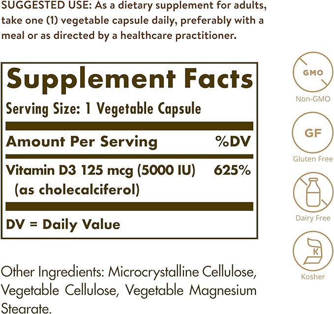 Solgar Vitamin D3 Cholecalciferol 125 mcg 5000 IU Vegetable Capsules Helps Maintain Healthy Bones Teeth Immune System Support Non GMO Gluten Free Dairy Free Kosher Servings - 360 Count