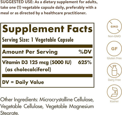 Solgar Vitamin D3 Cholecalciferol 125 mcg 5000 IU Vegetable Capsules Helps Maintain Healthy Bones Teeth Immune System Support Non GMO Gluten Free Dairy Free Kosher Servings - 360 Count