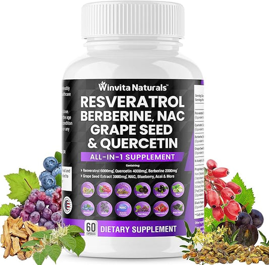 Resveratrol 6000mg Quercetin 4000mg Berberine 2000mg Grape Seed Extract 3000mg - Polyphenols Supplement for Men and Women with N-Acetyl Cysteine (NAC), Acai Berry Extract Vegan Capsules USA