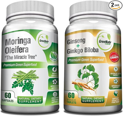 Focus an Energy Bundle Ginseng + Ginkgo Biloba Tablets + Moringa Oleifera Capsules - Traditional Energy Booster and Brain Sharpener - Unique Trio Supplement (2 Bottles)