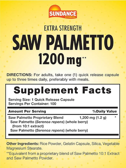 Saw Palmetto 1200mg for Men | 100 Quick Release Capsules | Gluten Free Supplement | by Sundance