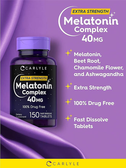 Carlyle Melatonin 40mg Complex | 150 Fast Dissolve Tablets | Extra Strength Support | with Ashwagandha and Chamomile | Vegetarian, Non-GMO, Gluten Free Supplement