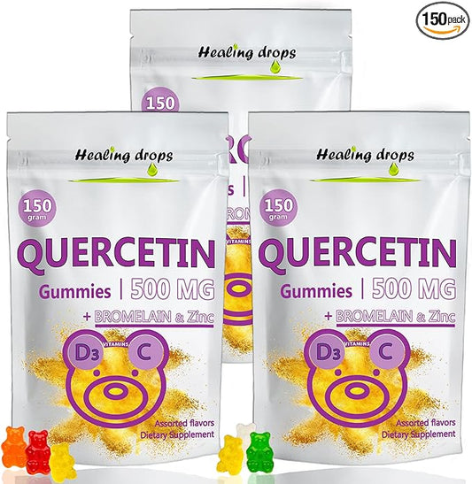 Quercetin with Bromelain Gummies - Vitamin C + Zinc + Vitamin D3 - Quercetin 500mg Gummies for Kids and Adults (3 Packs)