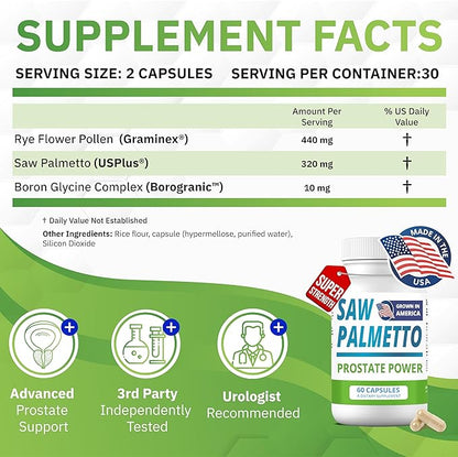 Saw Palmetto Extract for Men: Prostate Health Supplement for Men. High Strength Prostate Support Supplement for Men’s Health. Prostate Power 60 Caps