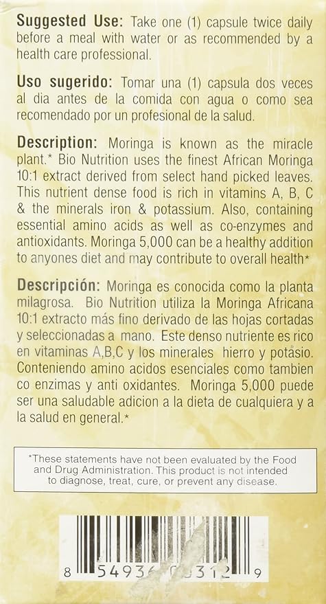 BIO NUTRITION INC Moringa 5,000 MG SUPR Food, 60 VCAP (Pack of 2)