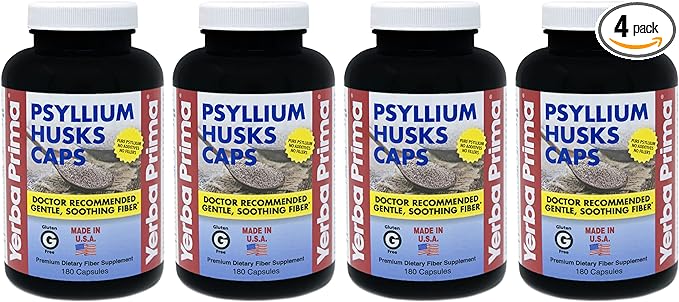 Yerba Prima Psyllium Husks Caps - 180 caps (Pack of 4) - Natural Fiber Supplement - Non-GMO Gluten Free