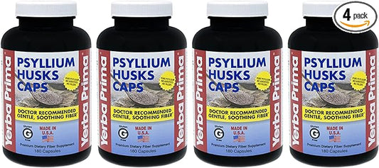 Yerba Prima Psyllium Husks Caps - 180 caps (Pack of 4) - Natural Fiber Supplement - Non-GMO Gluten Free