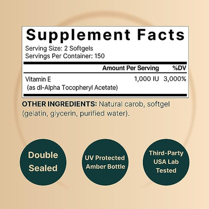 NatureBell Vitamin E Oil Softgels, 1,000 IU Per Serving, 300 Pills | Essential Antioxidant Supplements, Easily Absorbed Form – Supports Skin, Heart, & Immune Health – Non-GMO