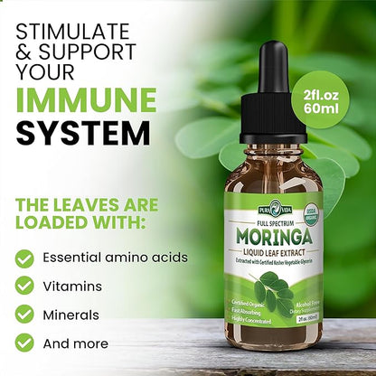 Organic Moringa Leaf Extract Liquid Drops - USDA Organic Certified - Highly Purified, Bioavailable & Faster Absorption Than Moringa Powder or Capsules - Single Origin Moringa Oleifera Leaves Extract