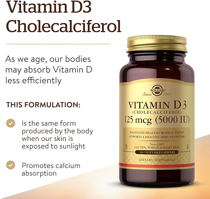 Solgar Vitamin D3 Cholecalciferol 125 mcg 5000 IU Vegetable Capsules Helps Maintain Healthy Bones Teeth Immune System Support Non GMO Gluten Free Dairy Free Kosher Servings - 360 Count