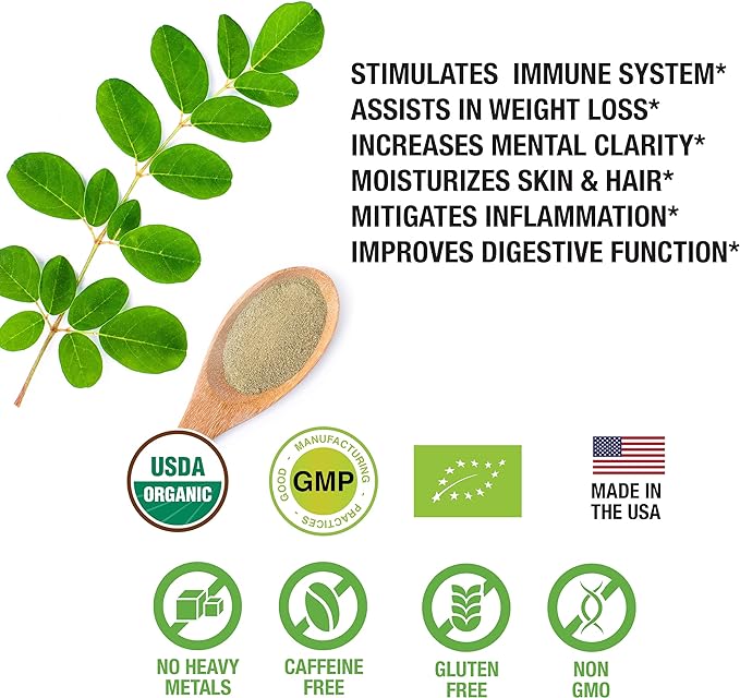 100% Raw and Pure Moringa Leaf Powder. Organic Certified Moringa Leaf. Natural Superfood with Essential Amino Acids, Antioxidants, and Omega 3, 8 oz Resealable Bag.