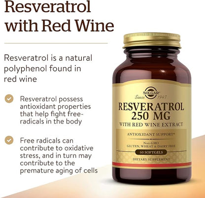 Solgar Resveratrol with Red Wine Extract, 250 mg, 60 Softgels - Antioxidant Protection - Immune Support - Red Wine Polyphenol - Non-GMO, Gluten Free, Dairy Free - 60 Servings