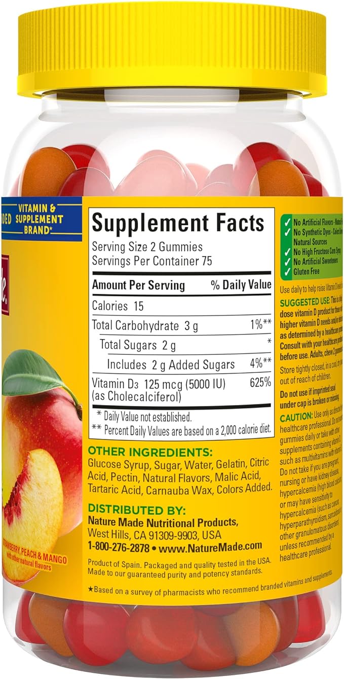 Nature Made Extra Strength Vitamin D3 5000 IU (125 mcg) per serving, Dietary Supplement for Bone, Teeth, Muscle and Immune Health Support, 150 Gummies, 75 Day Supply