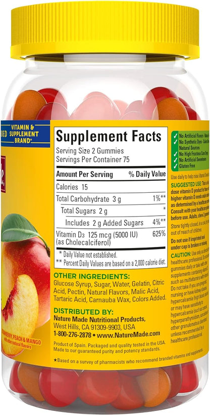 Nature Made Extra Strength Vitamin D3 5000 IU (125 mcg) per serving, Dietary Supplement for Bone, Teeth, Muscle and Immune Health Support, 150 Gummies, 75 Day Supply