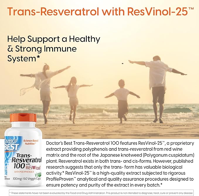 Doctor's Best, Trans-Resveratrol with Resvinol, Non-GMO, Vegan, Gluten Free, Soy Free, 100 mg, 60 Veggie Caps (DRB-00171)