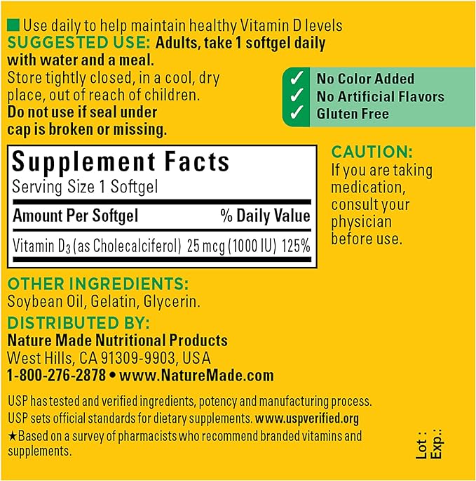 Nature Made Vitamin D3 1000 IU (25 mcg), Dietary Supplement for Bone, Teeth, Muscle and Immune Health Support, 100 Softgels, 100 Day Supply