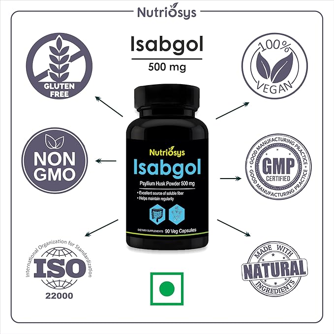 Isabgol Psyllium Husk 500mg Supplement, Excellent Source of Soluble Fiber, 90 Veg Capsules