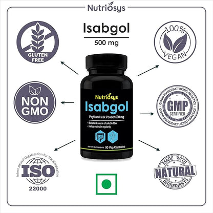 Isabgol Psyllium Husk 500mg Supplement, Excellent Source of Soluble Fiber, 90 Veg Capsules