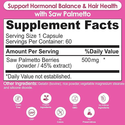 Saw Palmetto for Women - Hair Growth, DHT Blocker & Bladder Control Capsules Made with Complex Saw Palmetto Extract Berry Supplement, Formulated in USA, 60 Capsules, 2 Month Supply