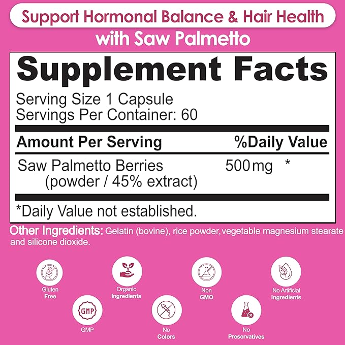 Saw Palmetto for Women - Hair Growth, DHT Blocker & Bladder Control Capsules Made with Complex Saw Palmetto Extract Berry Supplement, Formulated in USA, 60 Capsules, 2 Month Supply