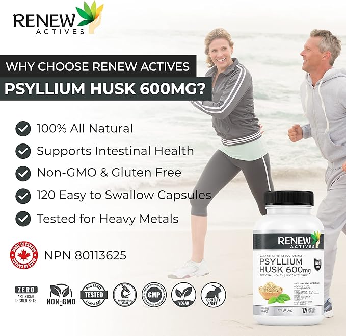 Renew Actives Psyllium Husk Capsules - Bulk-Forming Laxative - Soluble Fiber Supplement for Adult Health & Well-being - Pure ingredients, 120 capsules