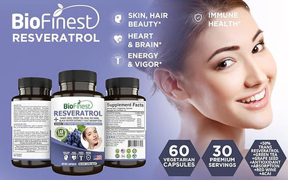 Resveratrol 1200mg Supplement - 50% Trans Resveratrol Antioxidant - Acai Berry Grape Seed Green Tea Black Pepper Red Wine Extract - Skin Beauty Brain Heart - Made in USA (60 Veg. Capsules)