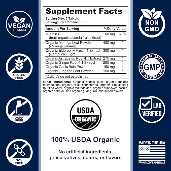 Organic Immune Support Supplement (USDA Organic) Elderberry Astragalus Oregano Ginger Moringa Garlic Vitamin C, Premium Immune Support Supplement