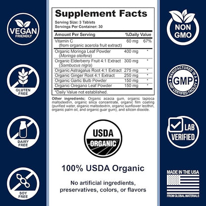 Organic Immune Support Supplement (USDA Organic) Elderberry Astragalus Oregano Ginger Moringa Garlic Vitamin C, Premium Immune Support Supplement