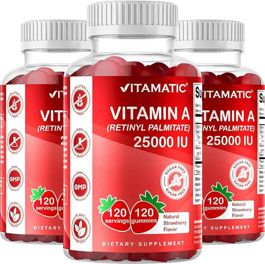 Vitamatic Sugar Free Vitamin A 25000 IU Gummies (Retinyl Palmitate) - Natural Strawberry Flavor - 120 Pectin Based Gummies (3 Bottles)