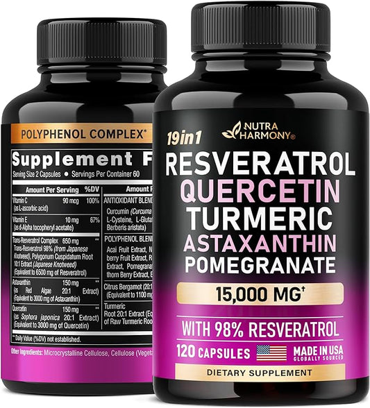 Resveratrol Polyphenol Complex| Qercetin | Turmeric | Pomegranate | Astaxanthin - Made in USA Supplement - 120 Count