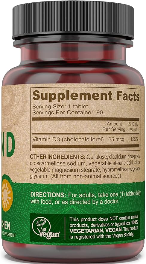 DEVA Vegan Vitamin D3 Supplement - Once-Per-Day Tablet with 1000 IU - Cholecalciferol - Lichen Plant Derived - 90 Small Tablets