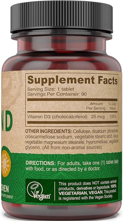 DEVA Vegan Vitamin D3 Supplement - Once-Per-Day Tablet with 1000 IU - Cholecalciferol - Lichen Plant Derived - 90 Small Tablets