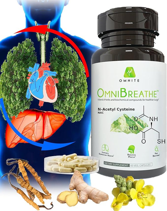 OMNIBREATHE - Fast Improving Breathing Problems by NAC 600MG Scientifically Formulated w. Quercetin/Mullein/Coq 10/Ginger/Stinging Nettle/Bromelain,3 Times w. Meal (10-Day Supply to Boost)