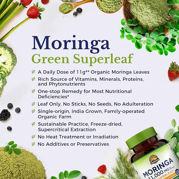 VITALITOWN Moringa Capsules 11,000 MG, Organic Moringa Supplement, Green Moringa Leaves, No Sticks, No Caffeine, Moringa Oleifera, Energy, Appetite, 90 Capsules