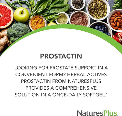 Natures Plus Herbal Actives ProstActin - 200 iu Vitamin E, 60 Softgels - Healthy Prostate Gland Support, with Saw Palmetto, Pygeum & Pumpkin Seed Oil - Gluten-Free - 30 Servings