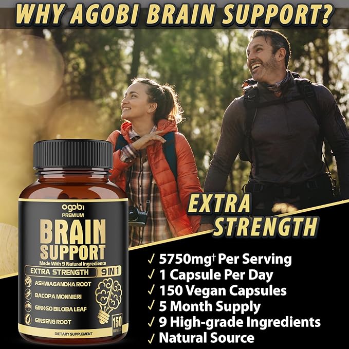 9in1 Brain Support Supplement 5750 Mg - Blended With Ashwagandha, Panax Ginseng, Gotu Kola, Ginkgo Biloba, Black Pepper & More - Accuracy, Focus, Memory & Energy Booster - 150 Capsules For 5 Months