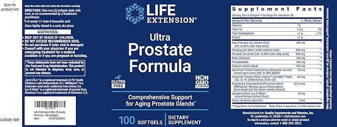 Life Extension Ultra Prostate Formula, 100 Softgels, Natural Supplement for Men