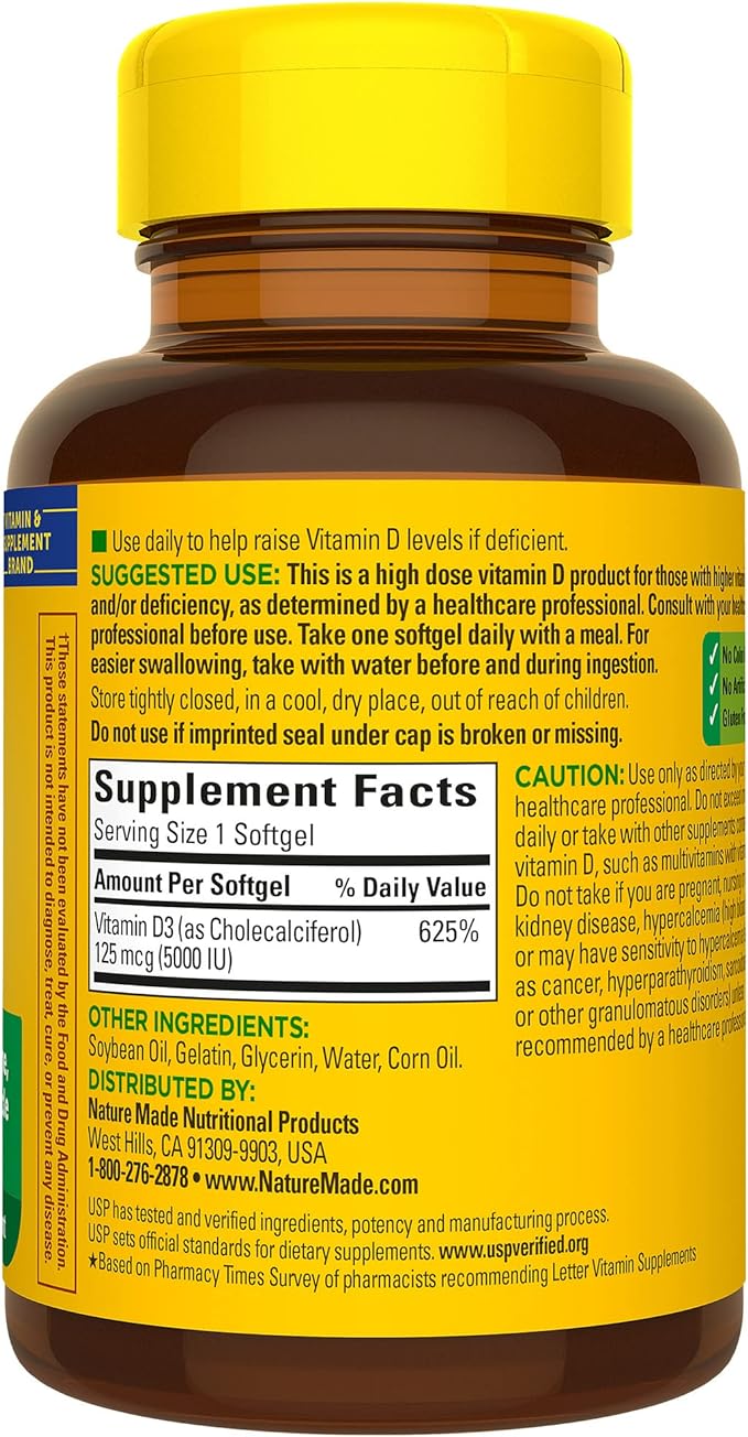 Nature Made Extra Strength Vitamin D3 5000 IU (125 mcg), Dietary Supplement for Bone, Teeth, Muscle and Immune Health Support, 360 Softgels, 360 Day Supply