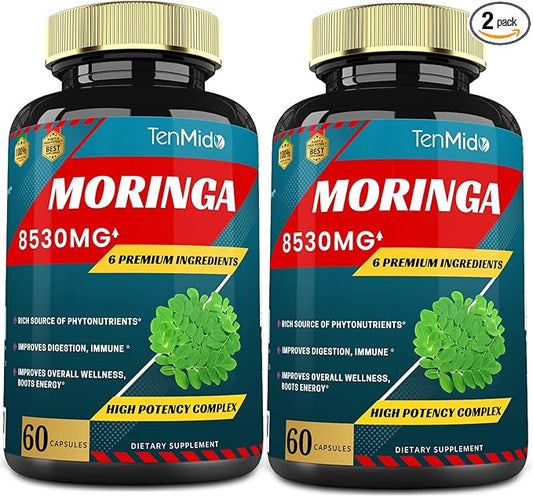 2 Packs Moringa Capsules 8530mg, 4 Months Supply with Turmeric, Ashwagandha, Ginger, Licorice, Black Pepper | Immune Support, Energy Booster | Oleifera Leaf Herb Supplements