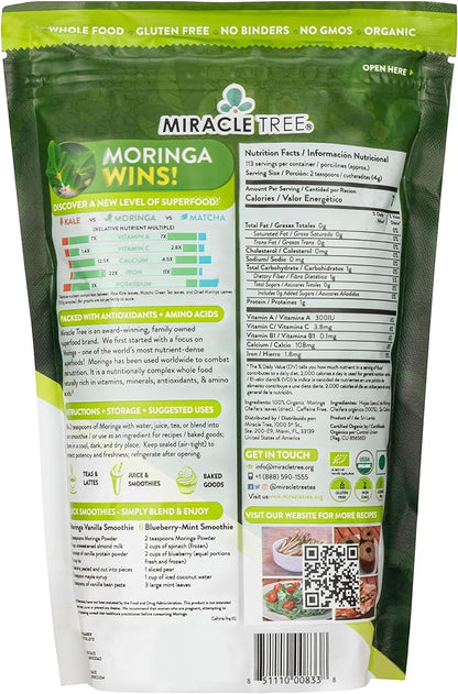 Miracle Tree 100% Organic Moringa Superfood Powder | Smoothies, Baked Goods, Lattes | 16oz. (1.0lbs) Pouch