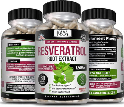 Kaya Naturals - Resveratrol Capsules - Anti Aging Supplement - Antioxidants with Brain Support - Maximum Benefits - 60 Veggies Capsules