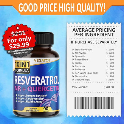 VEGATOT 10 in 1 High Strength Resveratrol 11,500MG with Quercetin Healthy Aging Immune Brain Boost Joint Support (90 Count (Pack of 1))